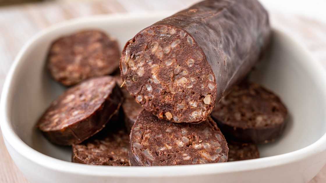 A plate of Morcilla de Burgos or black pudding sausages. A plate of Morcilla de Burgos or black pudding sausages.