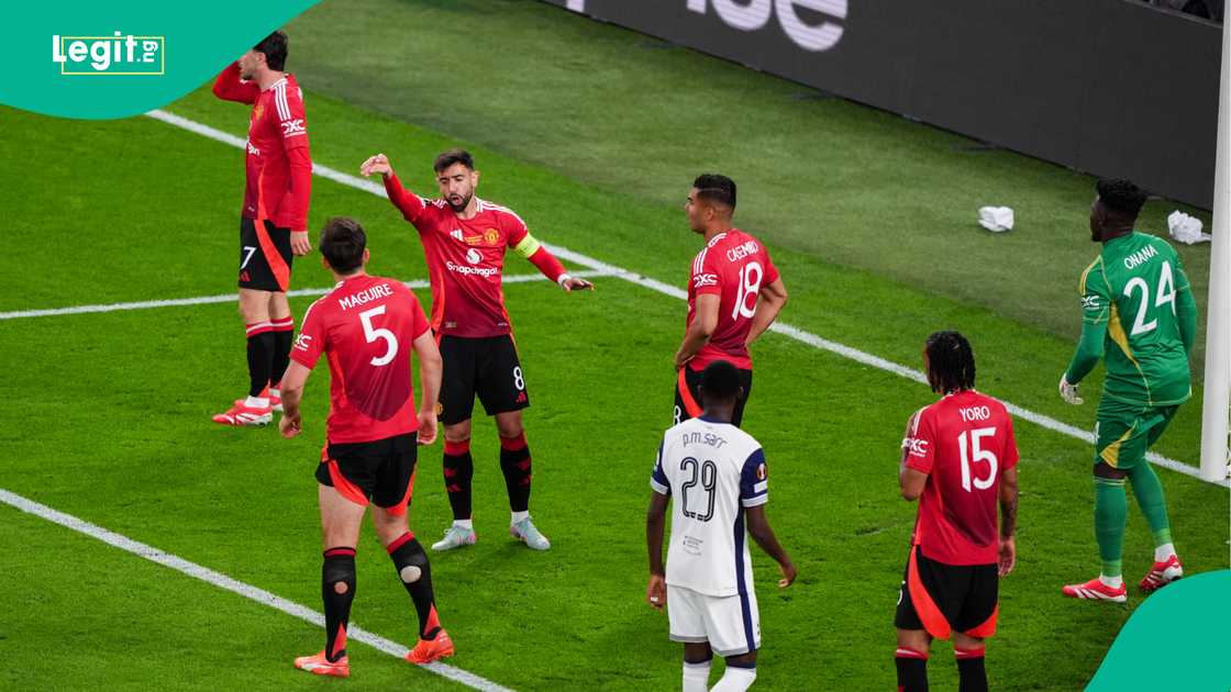 Mason Mount, Bruno Fernandes, Harry Maguire, Patrick Dorgu, Pape Matar Sarr, Casemiro, Andre Onana, Manchester United, Tottenham, San Mames, Bilbao, Spain, UEFA Europa League. Mason Mount, Bruno Fernandes, Harry Maguire, Patrick Dorgu, Pape Matar Sarr, Casemiro, Andre Onana, Manchester United, Tottenham, San Mames, Bilbao, Spain, UEFA Europa League.