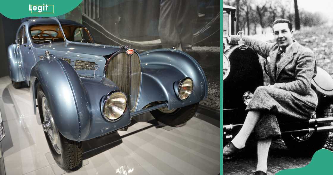 Jean Bugatti and one of the four Type 57 SC Atlantic cars. Jean Bugatti and one of the four Type 57 SC Atlantic cars.