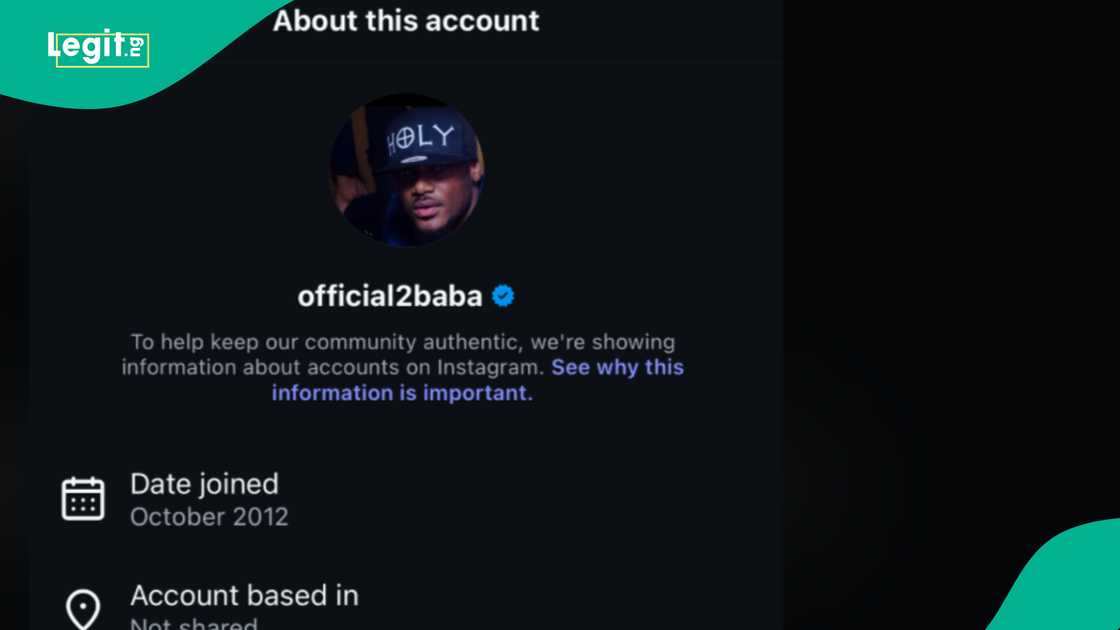 2baba's old Instagram page was created in 2012 and verified on 2016. 2baba's old Instagram page was created in 2012 and verified on 2016.
