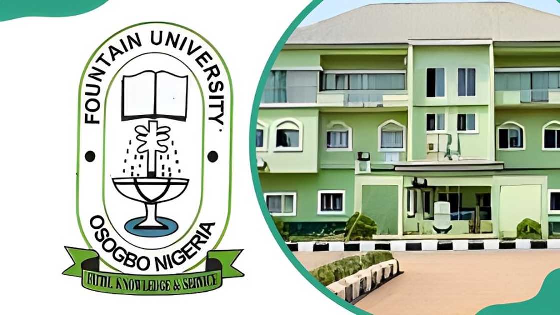 Fountain University logo (L) and a section of administration block (R)