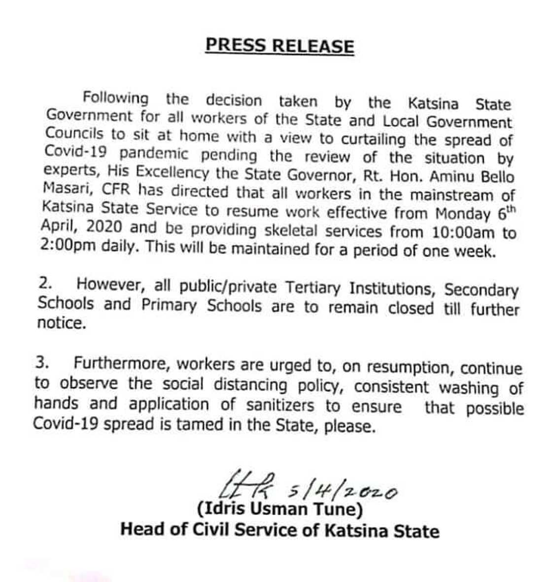 Annobar Corona: Gwamnatin Katsina ta umarci ma’aikata su koma bakin aiki Annobar Corona: Gwamnatin Katsina ta umarci ma’aikata su koma bakin aiki