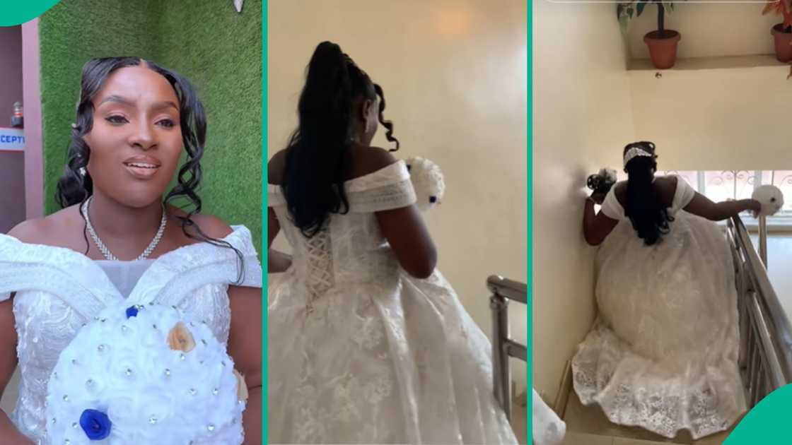 A drama unfolded as a bride falls down the stairs while rushing to church.