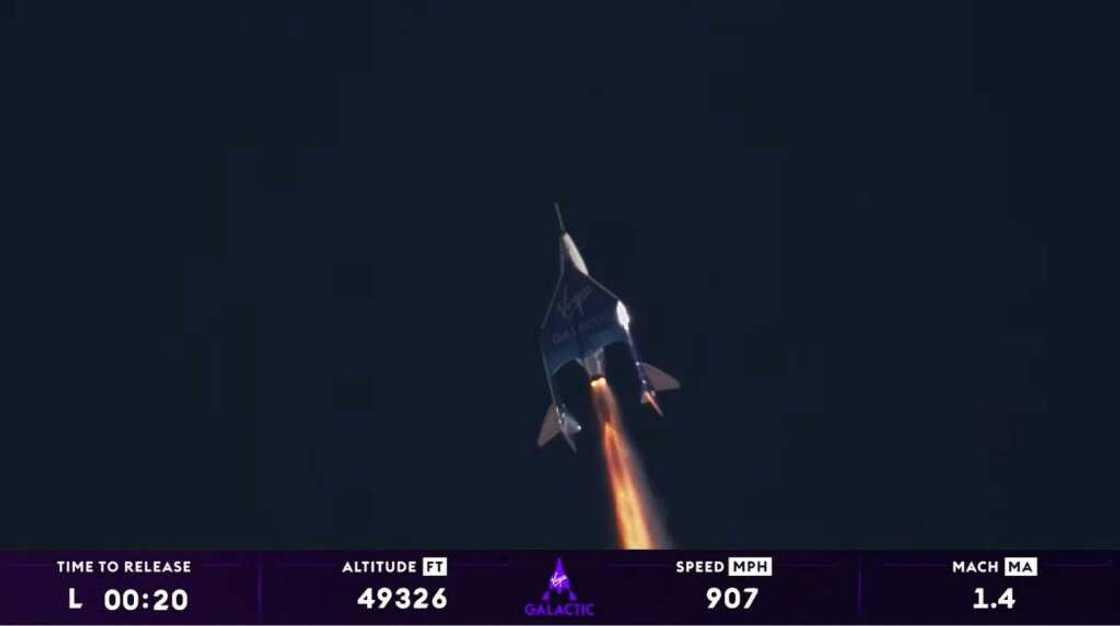 This still image taken from a video from Virgin Galactic on August 10, 2023, shows the launch of Virgin Galactic's private astronaut mission Galactic 02, at Spaceport America in Truth or Consequences, New Mexico This still image taken from a video from Virgin Galactic on August 10, 2023, shows the launch of Virgin Galactic's private astronaut mission Galactic 02, at Spaceport America in Truth or Consequences, New Mexico