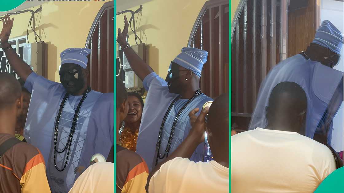 A groom who covered his face with a mask at his wedding entrance shows his real face A groom who covered his face with a mask at his wedding entrance shows his real face