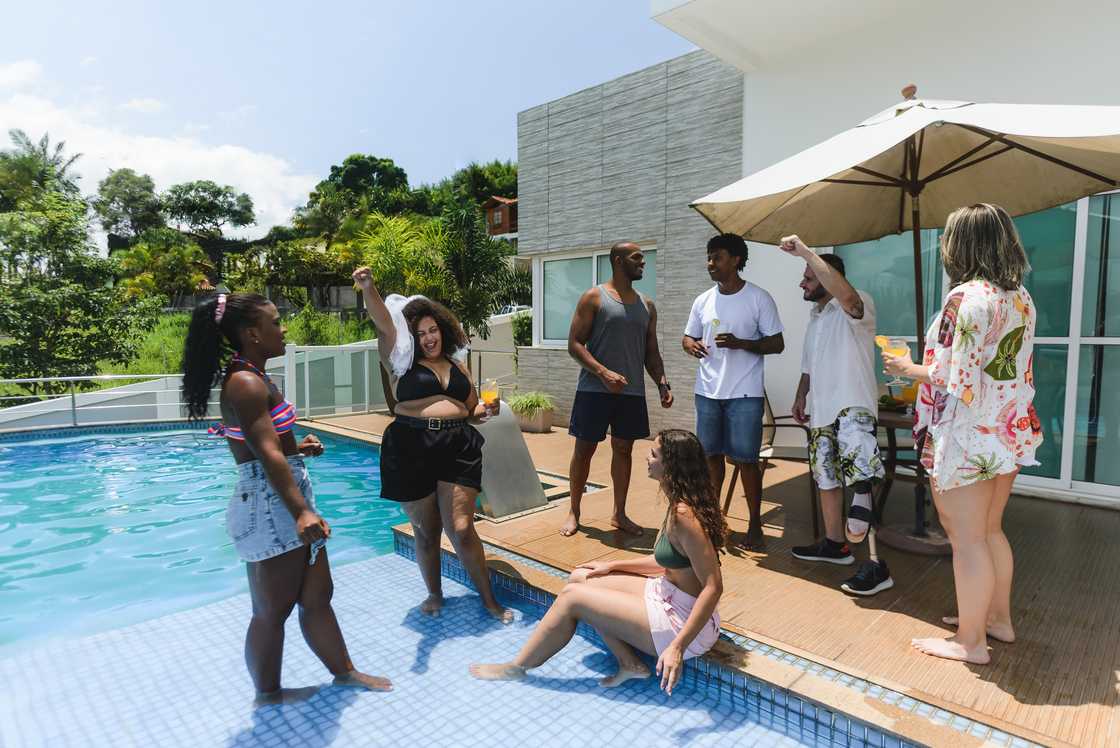 Bride and friends at bachelorette pool party Bride and friends at bachelorette pool party