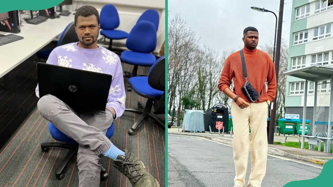 Mazi Ibe works on a laptop in an office (L). The Influencer poses for a photo as he walks on a street (R) Mazi Ibe works on a laptop in an office (L). The Influencer poses for a photo as he walks on a street (R)