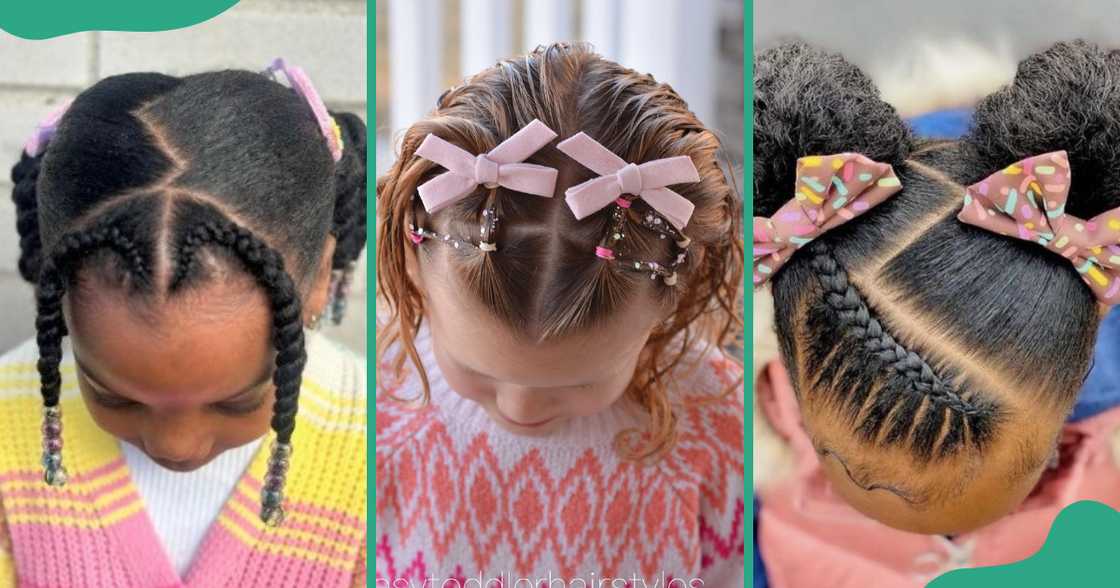 Two children wear their curly hair with bows and beads. Two children wear their curly hair with bows and beads.