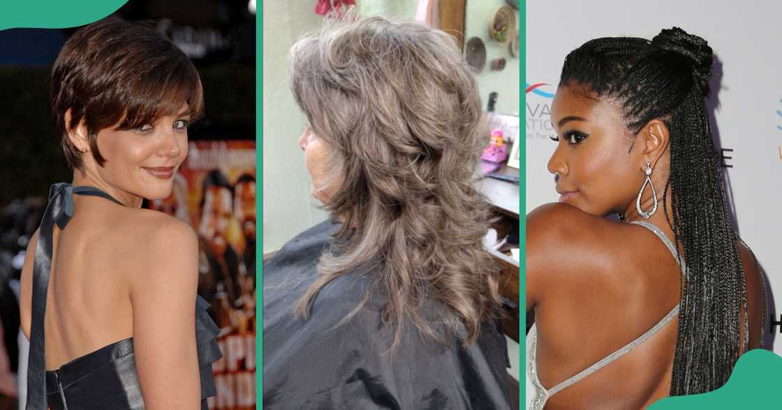 Layered pixie (L), a layered shag cut (C) and micro braid (R) hairstyles on different women.