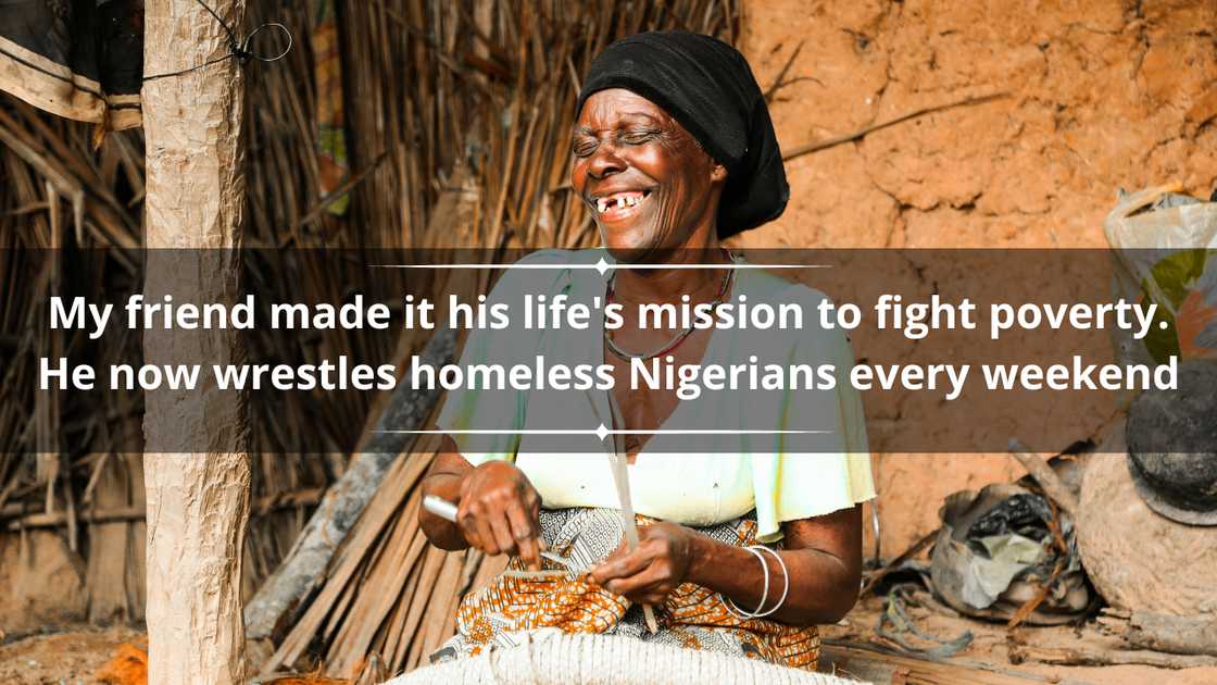 A happy granny weaving as she sits on the ground