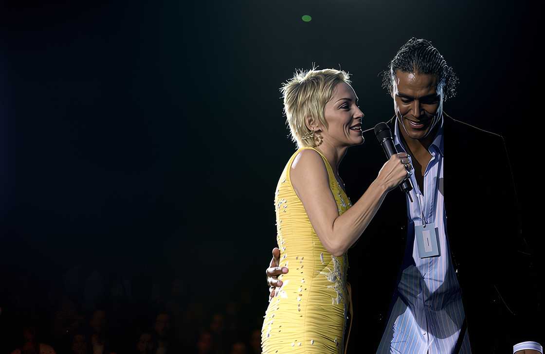 Sharon Stone and Rick Fox speaking at the Barker Hange Sharon Stone and Rick Fox speaking at the Barker Hange