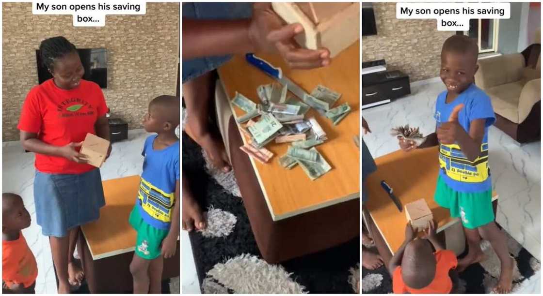 Photos of a boy breaking his piggy bank.