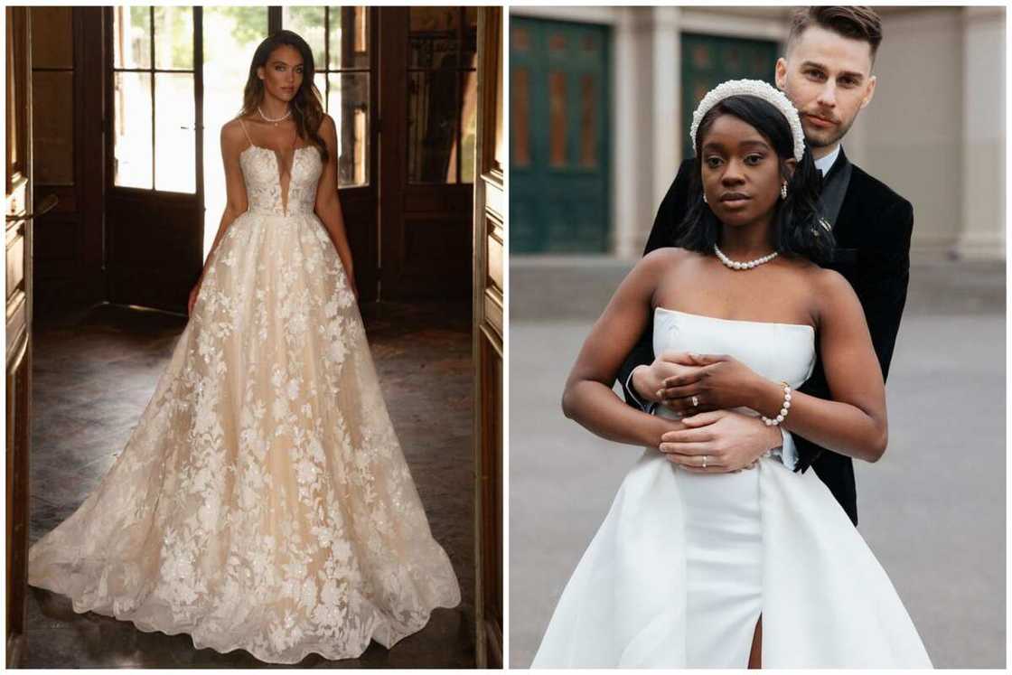 A lady in a cream A-line gown (L). A couple at a wedding event (R) A lady in a cream A-line gown (L). A couple at a wedding event (R)