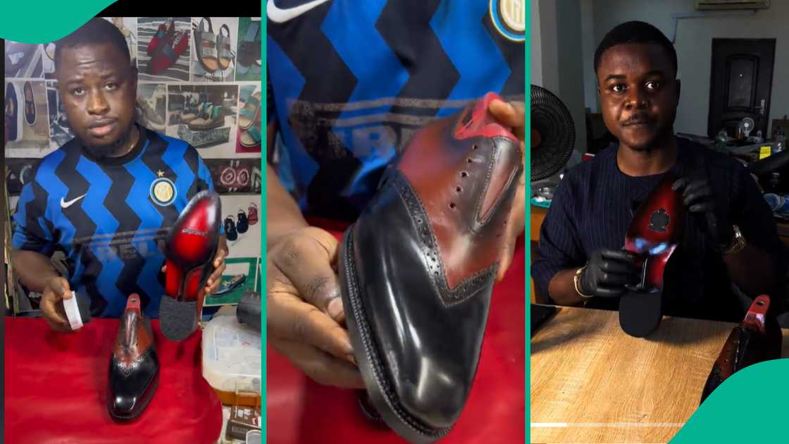 Man shares his shoemaking craft. Man shares his shoemaking craft.