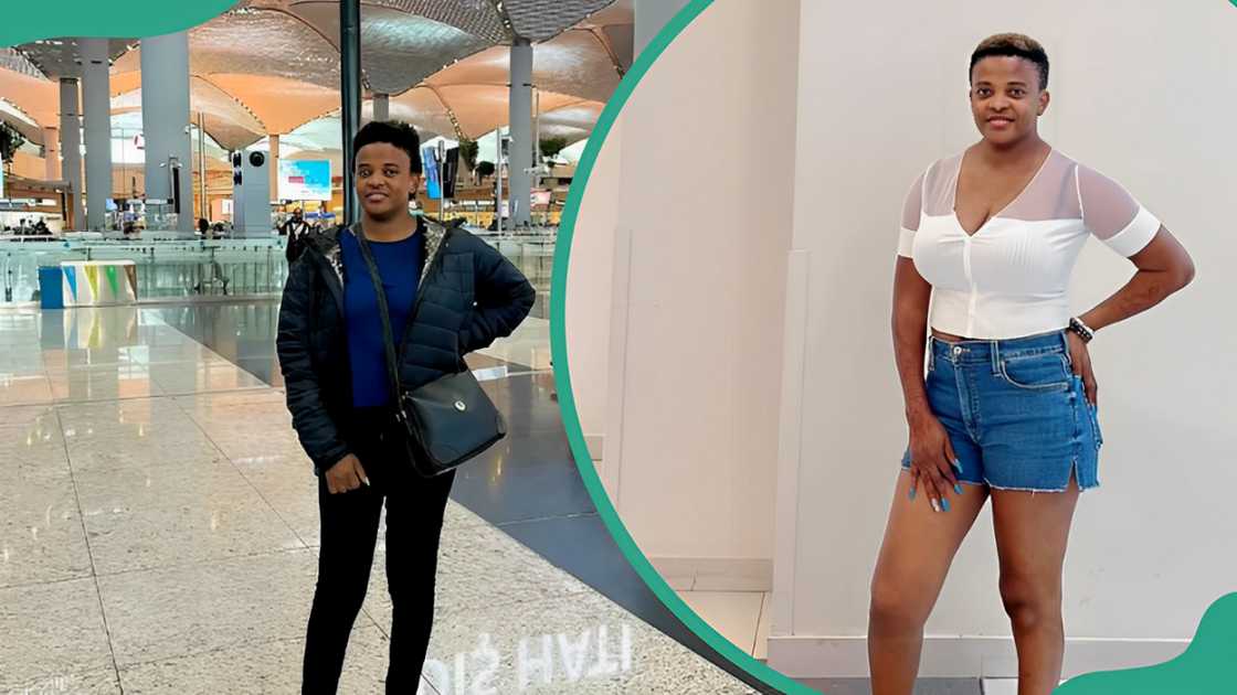 Angela Nwosu posing along a pavement (L). The social media influencer wearing blue shorts and a white top (R) Angela Nwosu posing along a pavement (L). The social media influencer wearing blue shorts and a white top (R)