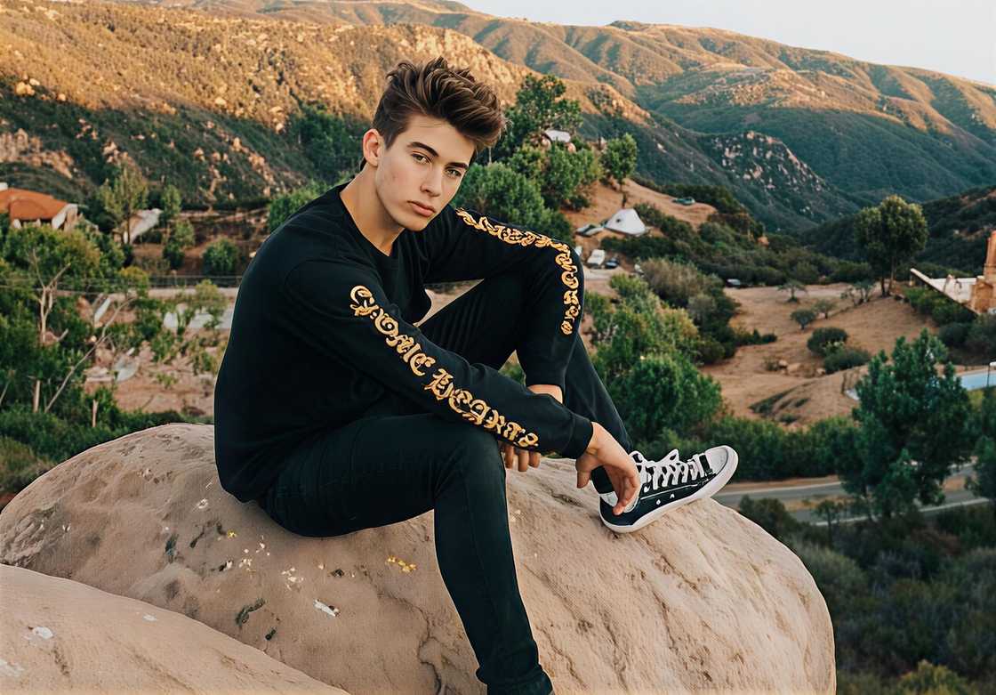 Tristan River Waite poses wearing a black long-sleeve shirt and black pants.