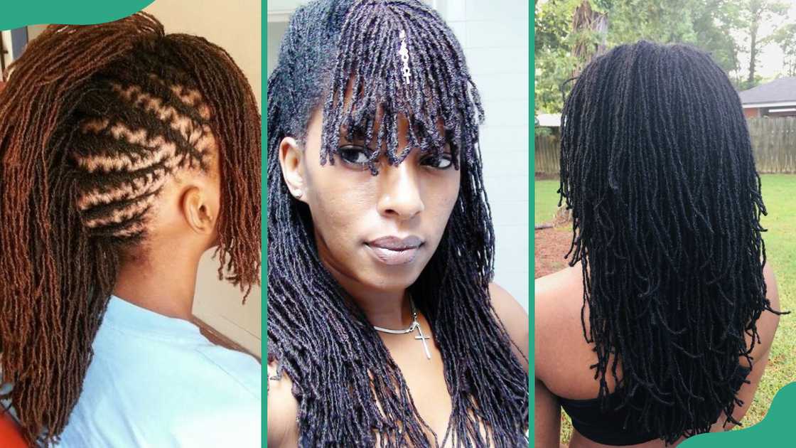 Mowhawk (L), bangs (C), and layered (R) sisterlocks Mowhawk (L), bangs (C), and layered (R) sisterlocks