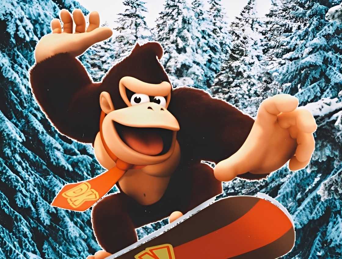 Donkey Kong skating on a snowy mountain