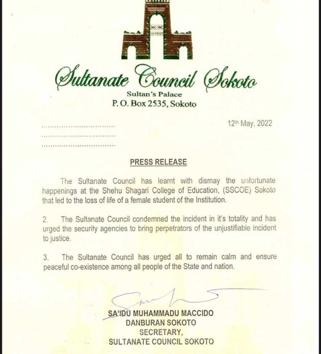 Sultan of Sokoto, Deborah Samuel, Killing Mob action, Shehu Shagari College of Education Sokoto Sultan of Sokoto, Deborah Samuel, Killing Mob action, Shehu Shagari College of Education Sokoto