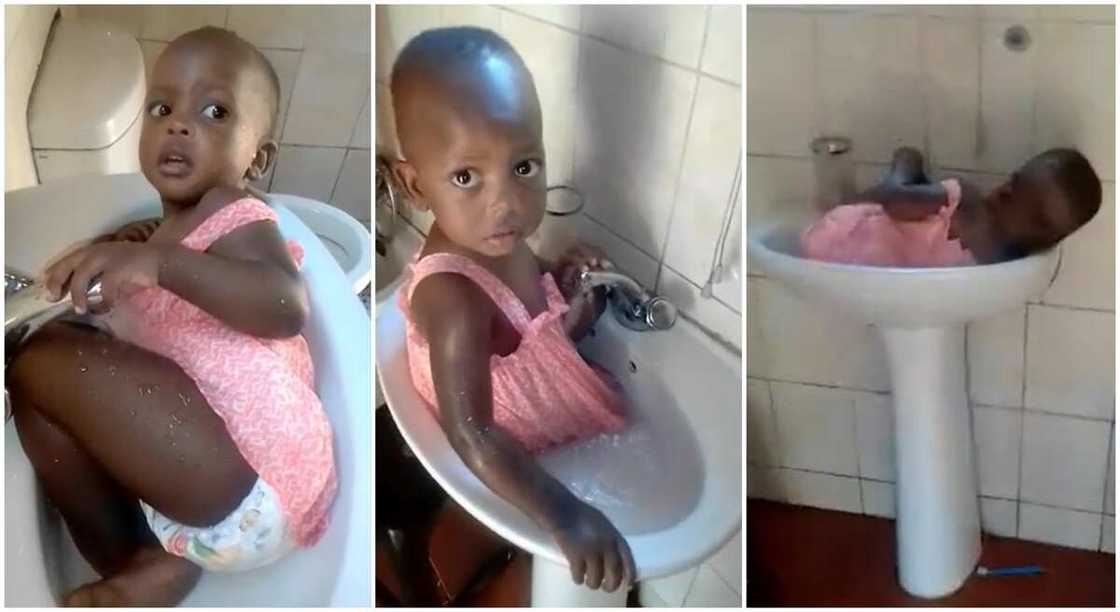Photos of a baby in a sink. Photos of a baby in a sink.