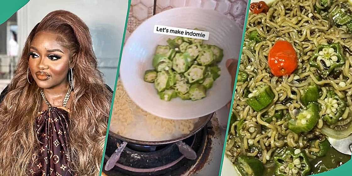 Lady prepares noodles with okra