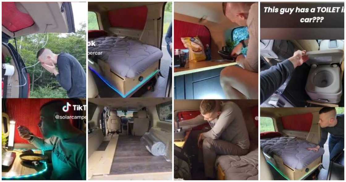 Young man who lives in a car, car house, bedroom, toilet Young man who lives in a car, car house, bedroom, toilet
