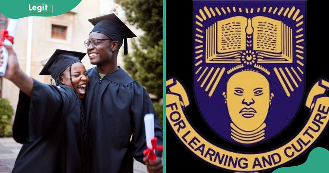 Graduating students (L). The Obafemi Awolowo University logo (R)