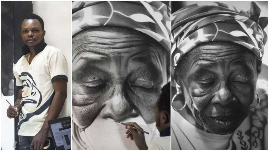 Young Nigerian man draws old woman with pencil, people mistake his art for photograph, praise him