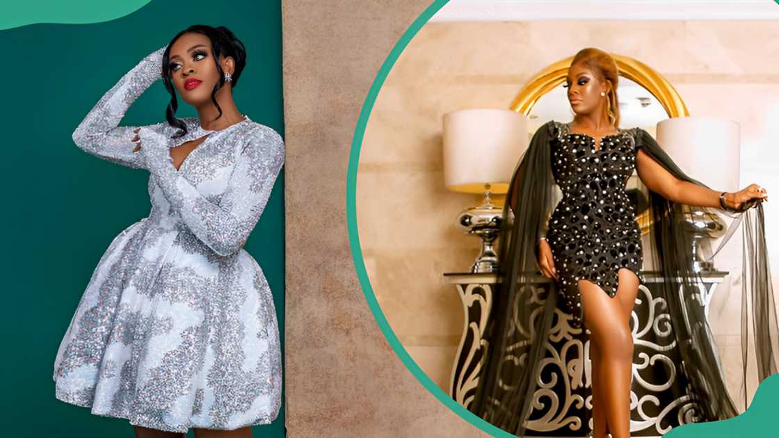 Kris Asimonye in a white bubble dress, and black shiny dress