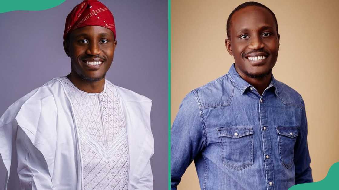 Tolu Ogunlesi in a white attire and red cap (L). The author smiles as he looks on (R) Tolu Ogunlesi in a white attire and red cap (L). The author smiles as he looks on (R)