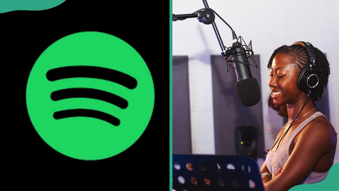 Spotify logo (L). A lady at the recording studio (R) Spotify logo (L). A lady at the recording studio (R)