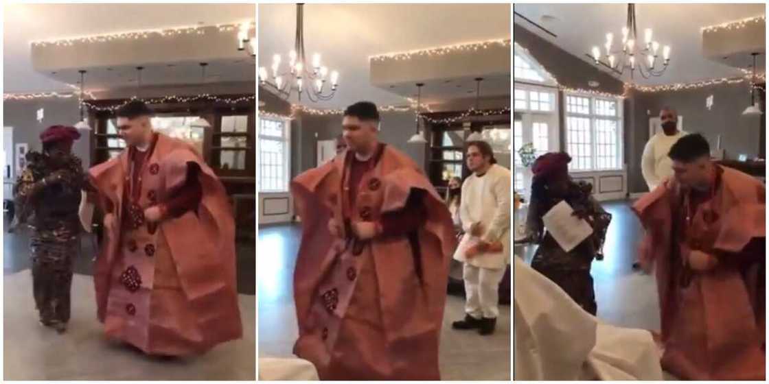 White man in native wear 'shakes body' to Yoruba song in viral video, Nigerians say his dance moves are funny White man in native wear 'shakes body' to Yoruba song in viral video, Nigerians say his dance moves are funny