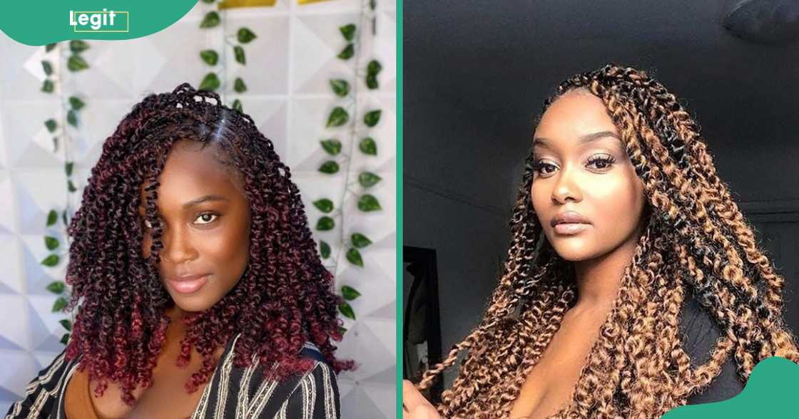 Two women show off their ombre passion twists. Two women show off their ombre passion twists.