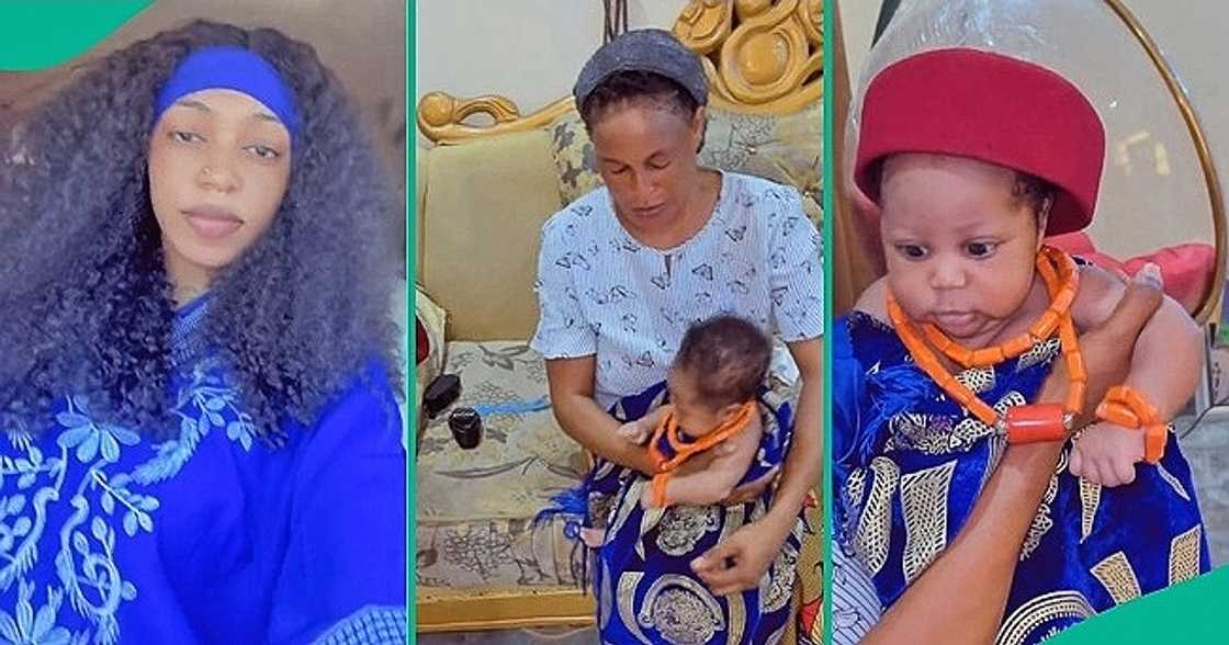 Grandma wears native attire, cap, beads on grandson