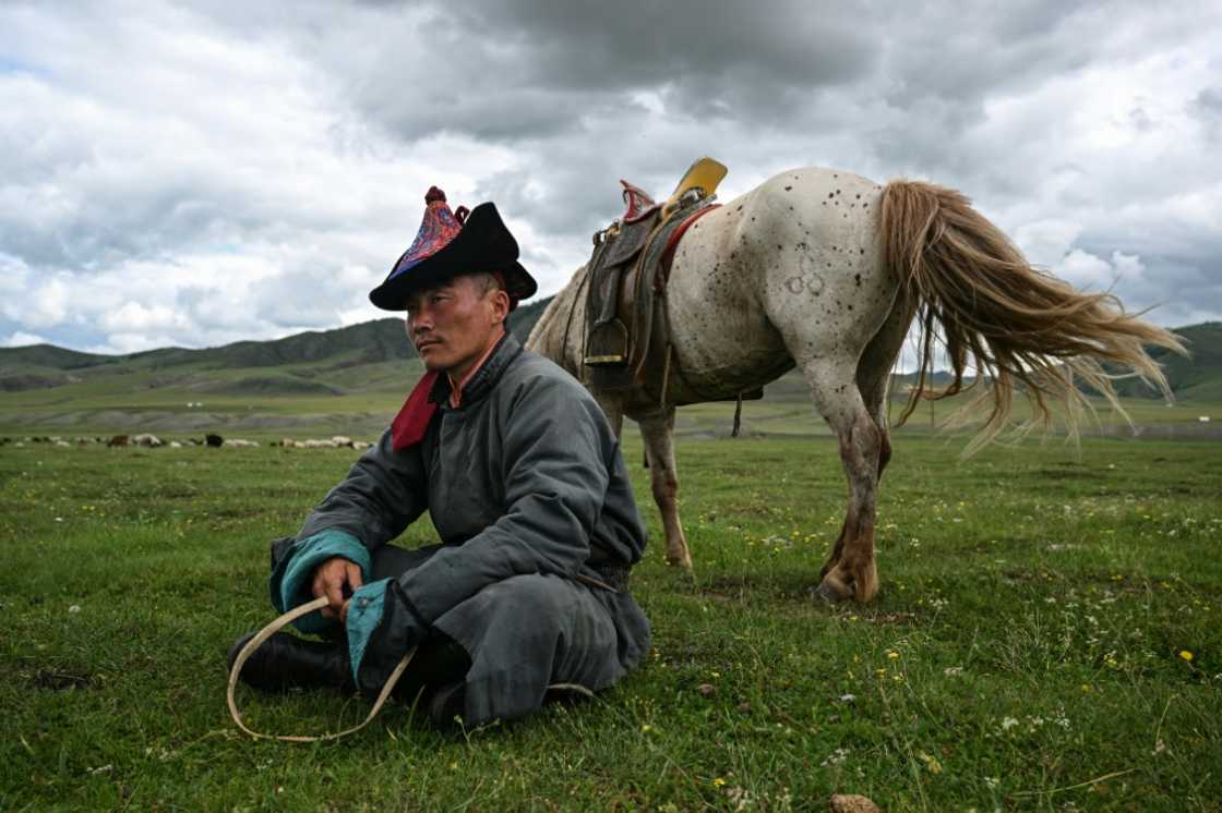 Luvsanbaldan Batsukh rests next to his horse after herding sheep and goats in Khishig-Undur in Bulgan province Luvsanbaldan Batsukh rests next to his horse after herding sheep and goats in Khishig-Undur in Bulgan province
