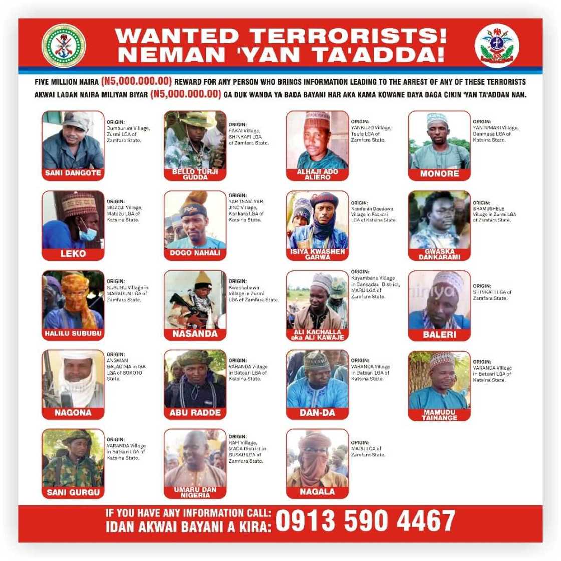 Nigerian military, terrorists, bounty, wanted terrorists, bandits, Zamfara, Kaduna Nigerian military, terrorists, bounty, wanted terrorists, bandits, Zamfara, Kaduna