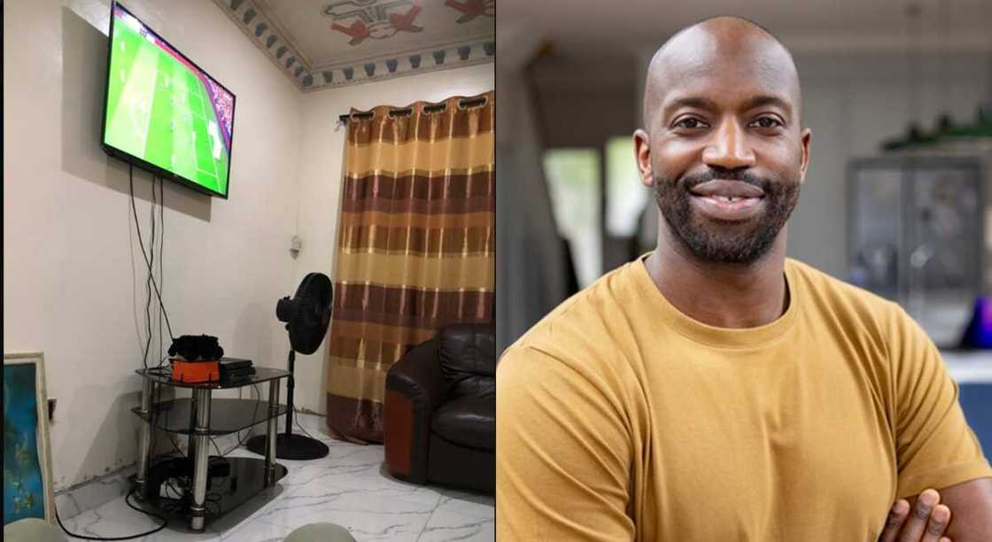Photos of a television hung close to the ceiling. Photos of a television hung close to the ceiling.