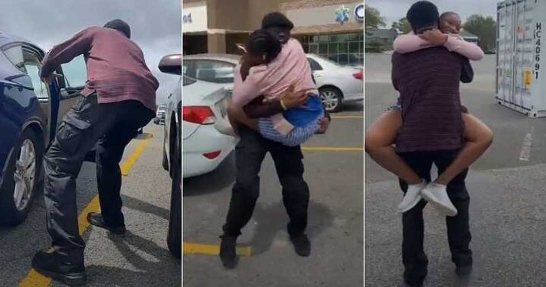 Girl jumps on dad who paid her a surprise visit