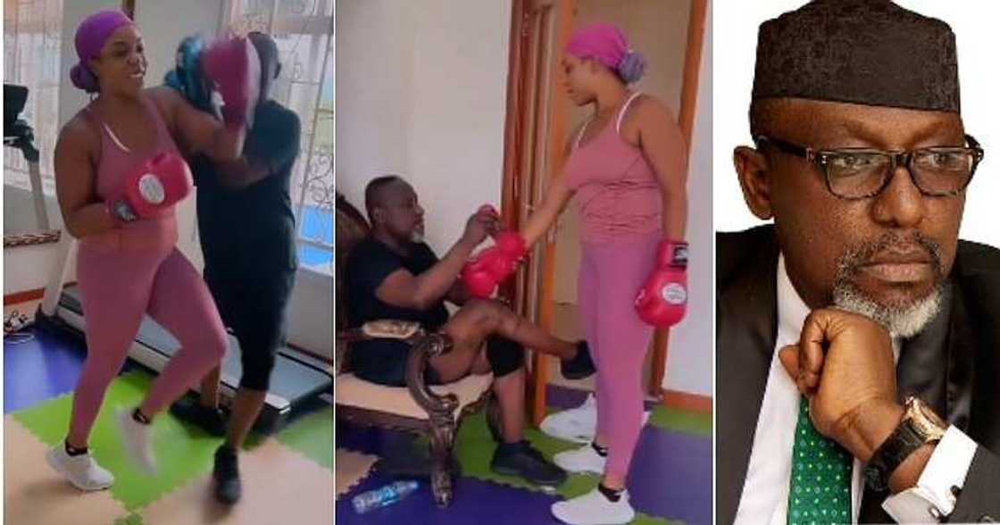 Rochas Okorocha at the gym with daughter, bad legs, video Rochas Okorocha at the gym with daughter, bad legs, video