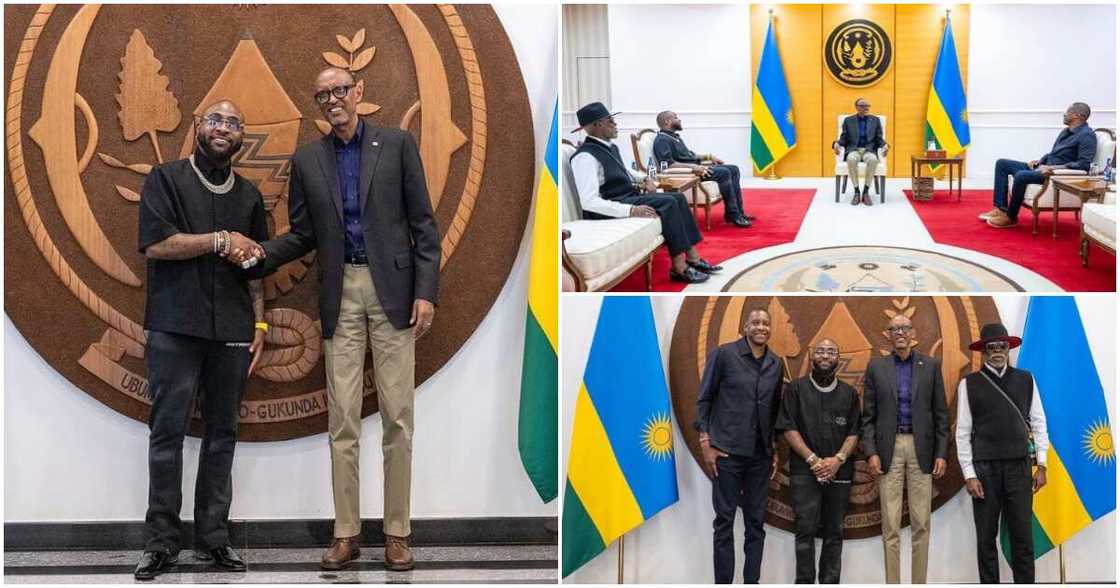 Photos of Davido, President Paul Kagame, and Bobo Ajuda