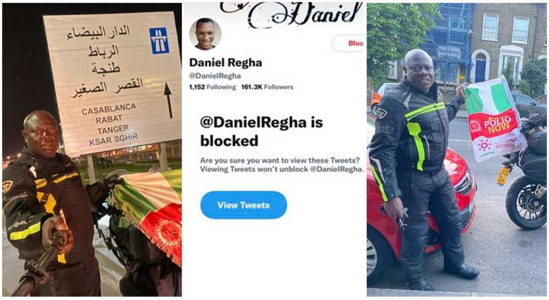 London to Lagos biker, Kunle Adeyanju has blocked Daniel Regha for saying he looked stressed. London to Lagos biker, Kunle Adeyanju has blocked Daniel Regha for saying he looked stressed.
