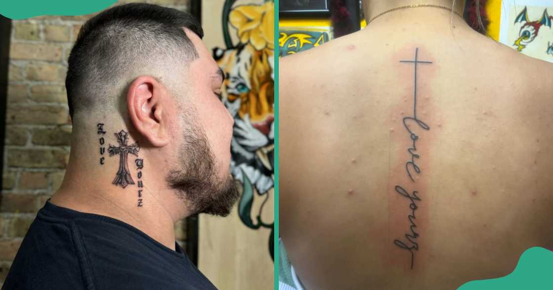 Love Yourz tattoos with crosses behind the ear and the back. Love Yourz tattoos with crosses behind the ear and the back.