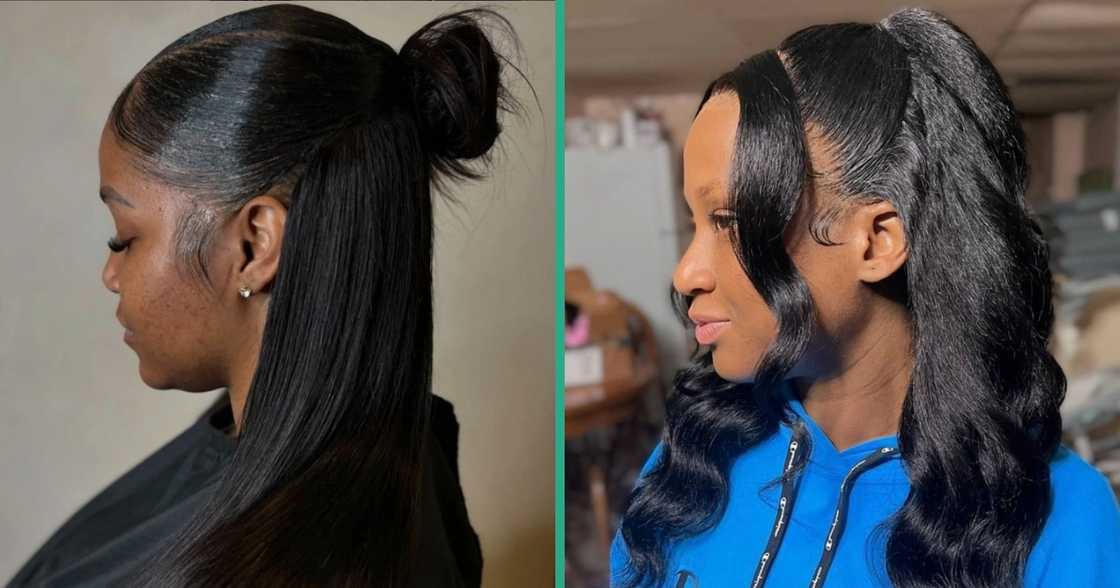 Long half-up, half-down with a side swoop