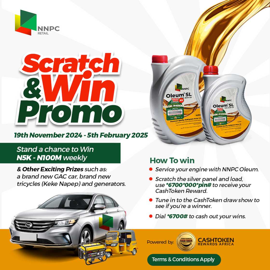 NNPC and CashToken Rewards Africa Bring You the Ultimate “Oleum Scratch and Win Promo” NNPC and CashToken Rewards Africa Bring You the Ultimate “Oleum Scratch and Win Promo”