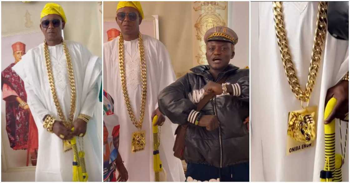 Portable brags as he visits Yoruba king Oba Oniba Ekun (Jafo Authority) rocking long gold chain.