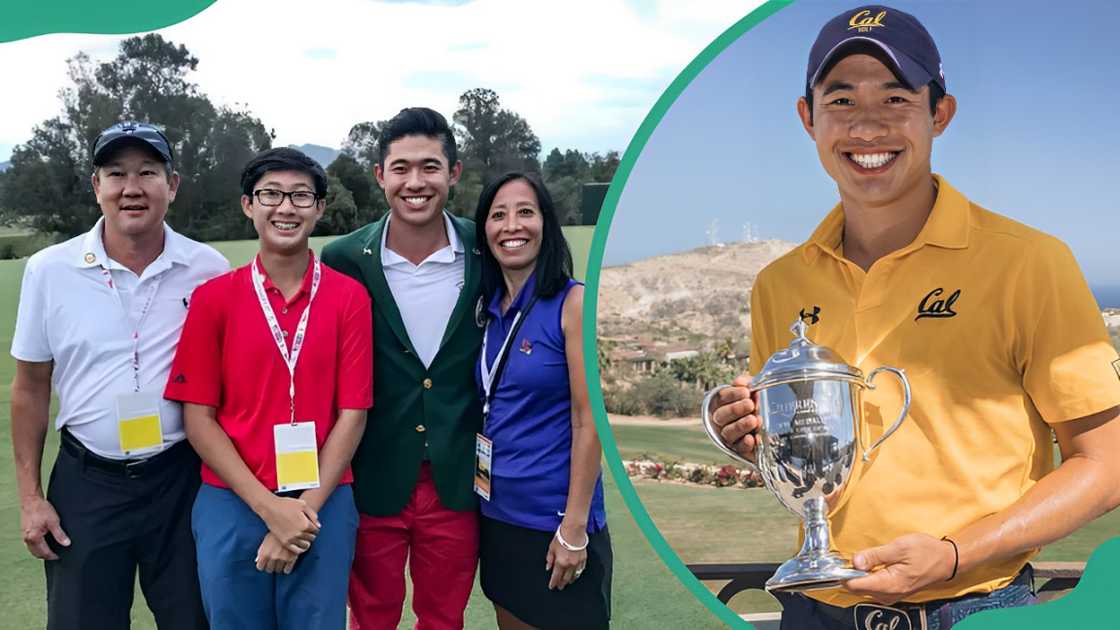 Blaine, Garrett, Collin, and Debbie (L-R) standing outdoors. Collin holding a silver trophy (R)