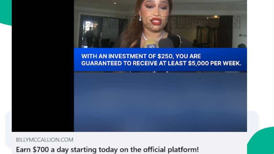 A webpage reference to billymccallion.com presented as the “official platform” in a Facebook clip, encouraging viewers to register quickly to earn money.