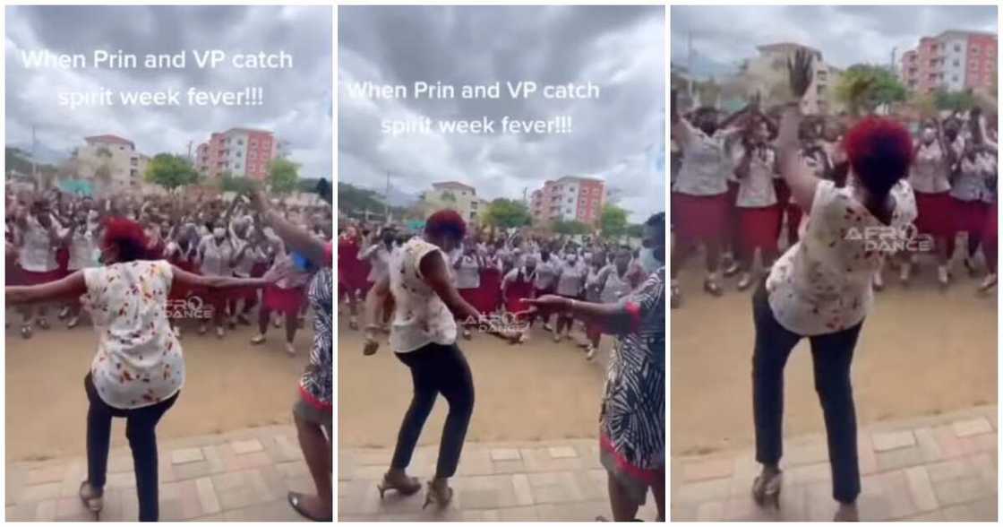 Female teacher in heels, weird dance, students scream, assembly ground Female teacher in heels, weird dance, students scream, assembly ground