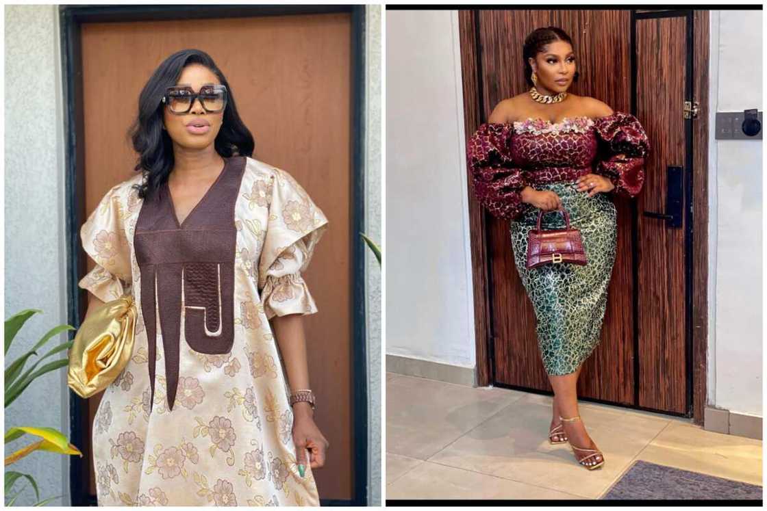 Ladies donning different designs of two-tone damask embellished gown. Ladies donning different designs of two-tone damask embellished gown.