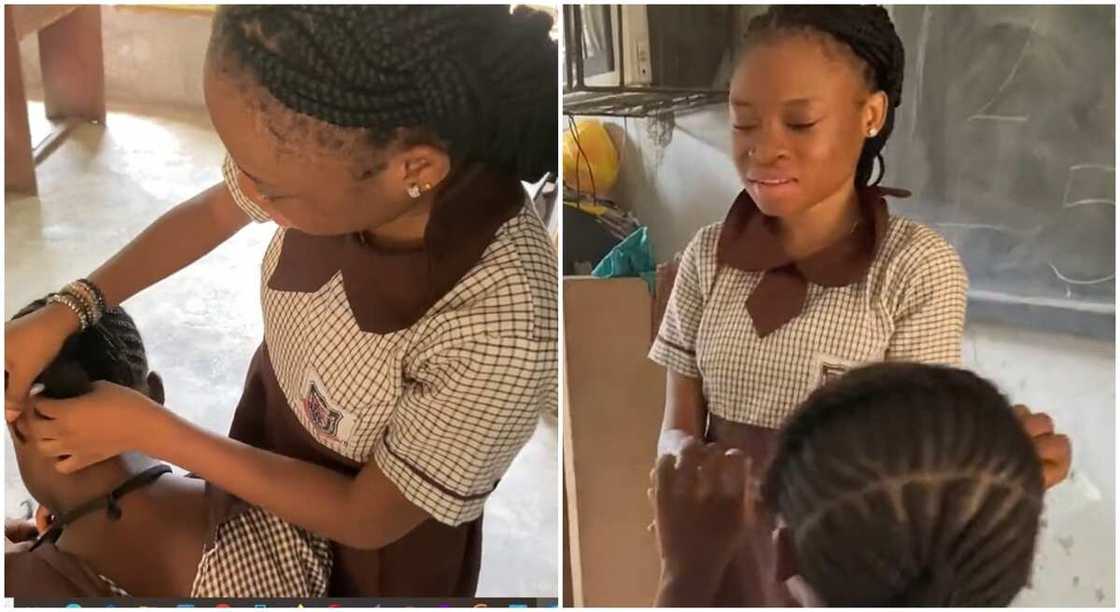 Photos of school girl braiding her mate's hair. Photos of school girl braiding her mate's hair.